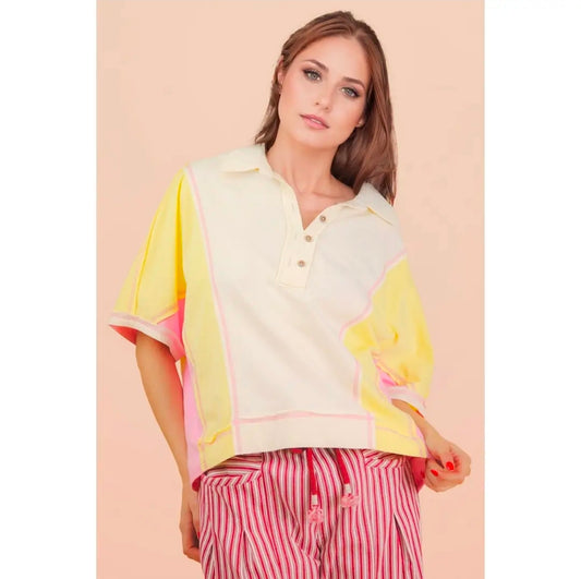 Very J - NT12451 Lemon Oversized Dolman Sleeve Collar Block Top