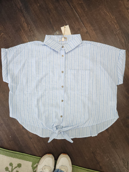 Easel - ST100027 Blue Short Slvs Striped Linen Top