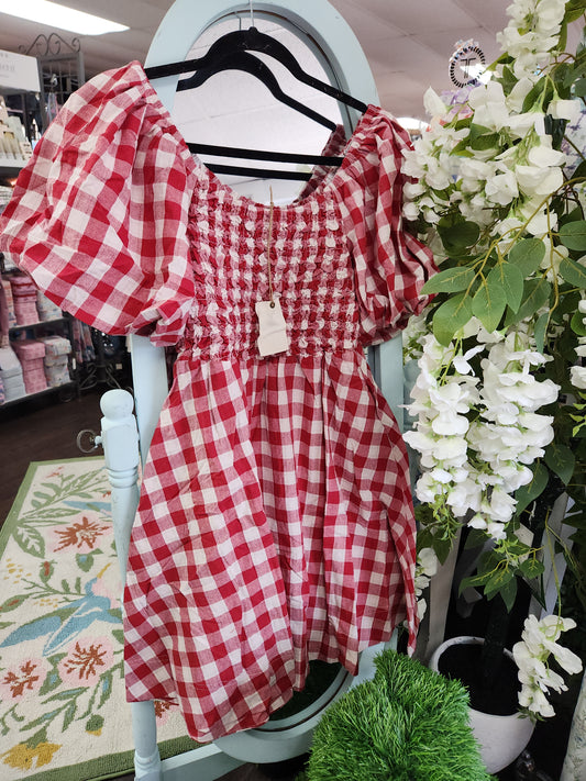 Easel - ED29097 Red Bubble Slvs Gingham Pattern Dress