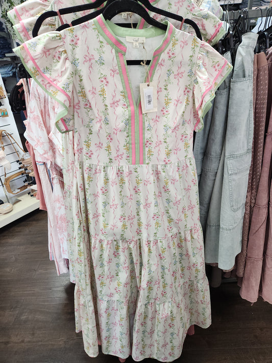 ED79159-Pink Wing Slvs Printed Stretch Dress