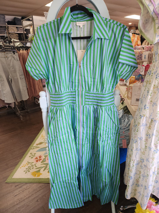 Entro D30282 Green Stripped Zip-Up Dress