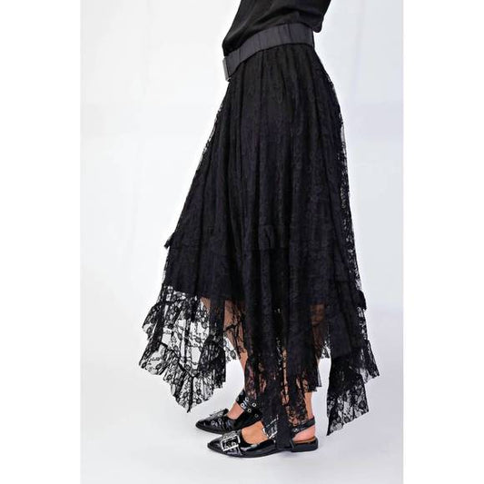 Easel-EB90082-Allover See Thru Lace Ruffle Skirt-Black