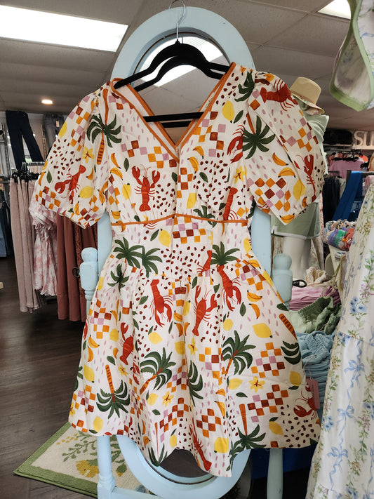Easel ED28916 Lobster Tropical Printed Stretch Dress