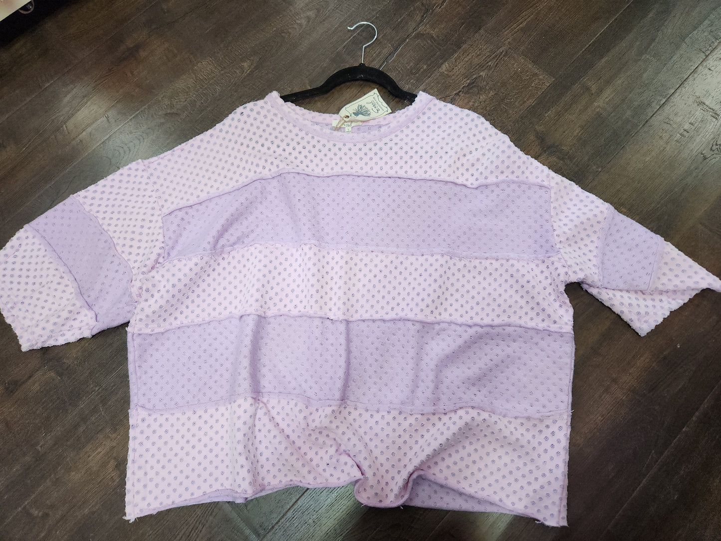 ET28424-Pink Lavender 3/4 Slvs Rugby Stripe Pattern Blouse