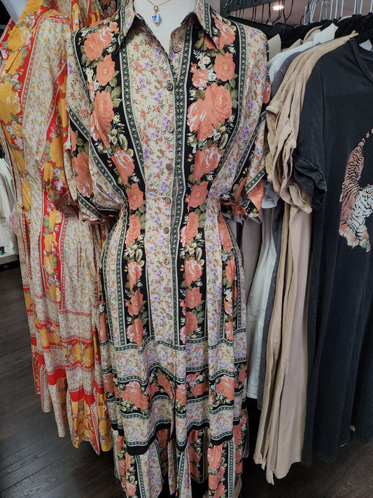 ED18995A-Black Short Slvs Printed Rayon Dress Maxi