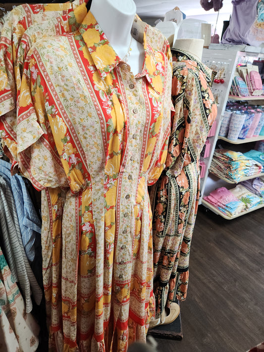 ED18995A-Poppy Red Short Slvs Printed Rayon Dress Maxi