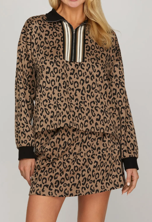 She+Sky SY9151 Drawstring Waist Side Rib Band Detail Leopard Mini Skirt With Pockets