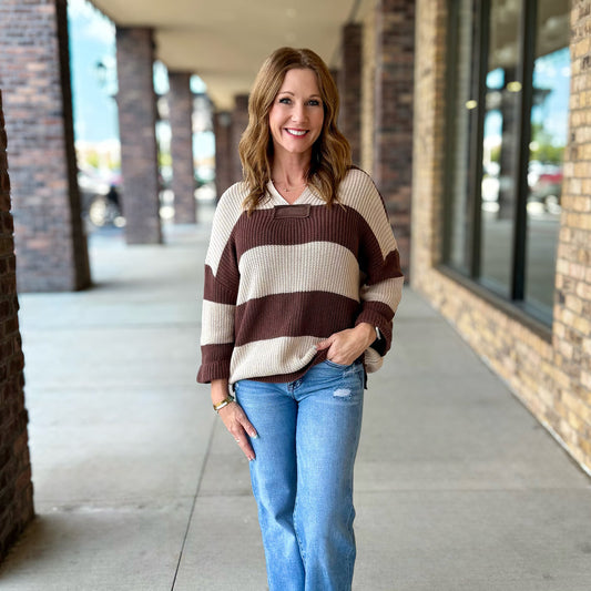 She+Sky SY9406 Brown 3/4 Sleeve V Neck Striped Sweater