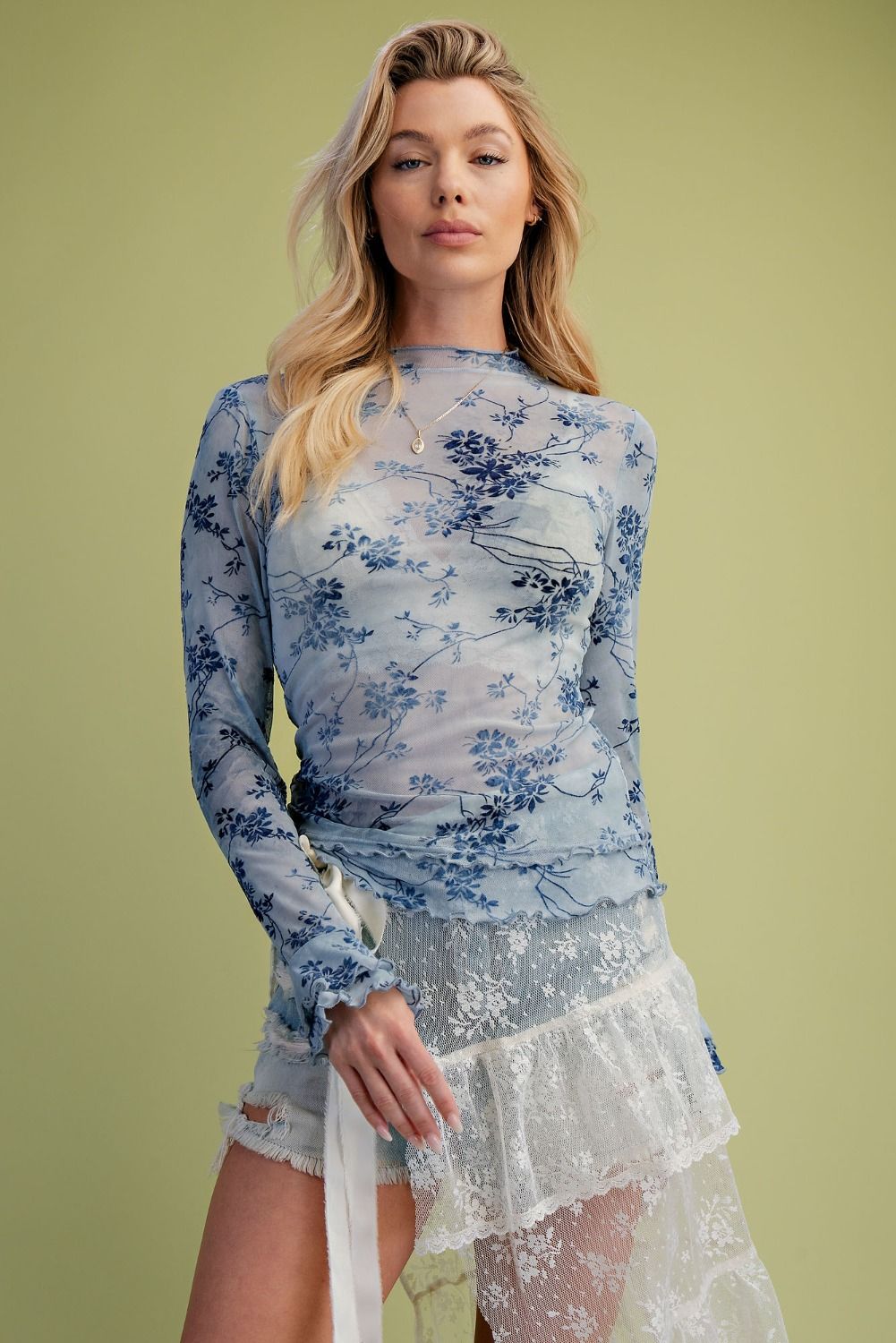 EASEL ST100286 LS Burnout Lace Top